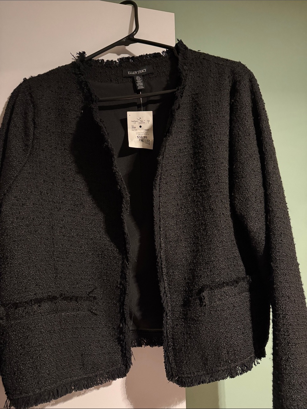 Ellen Tracy Black Frayed Bouclé Open-Front Jacket